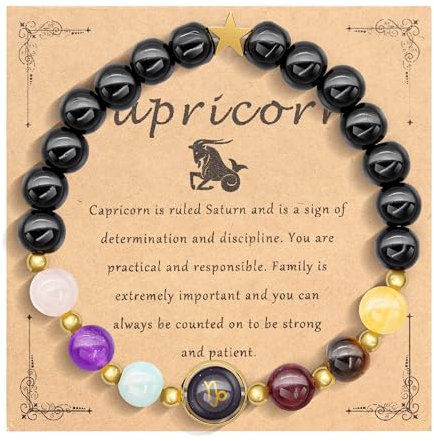 HMOOY Sternzeichen Naturstein-Armband für Männer Frauen, 12 Konstellation echte 8mm große Natursteinperlen und Kristall Himmels Astrologie Schmuck Aufmunternde Motivationsgeschenke (Steinbock)