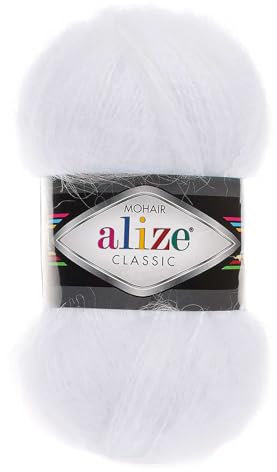 100g Strickgarn Alize Mohair Classic Uni Mohairwolle Häkelgarn Mischgarn Farbwahl, Farbe:55 weiß