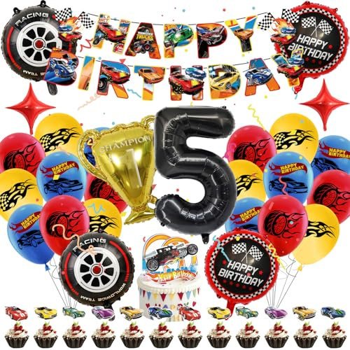 Luclay Fire Wheel Luftballons 5 Jahre Kinder Geburtstag Deko Mädchen - 40Pcs Geburtstagsdeko Hintergrund, Latexballons Tortendeko Geburtstag, Folienballon Racing Car für Party, Kindergeburtstage