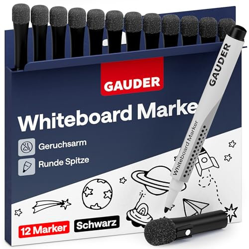 GAUDER Whiteboard Marker Set (12 Stück – schwarz) | Whiteboard Stifte | trocken und rückstandsfrei abwischbar | Dry Erase Marker mit Schwamm ideal für Whiteboards und Magnettafeln