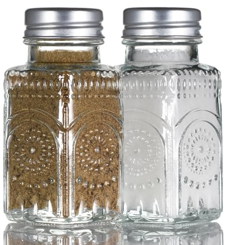Wongblee 2 Pack Glass Salt and Pepper Shakers with 304 Stainless Steel Lid, Vintage Spice Shakers for Dining Room Table, Kitchen, Restaurant (Sunflower Style)