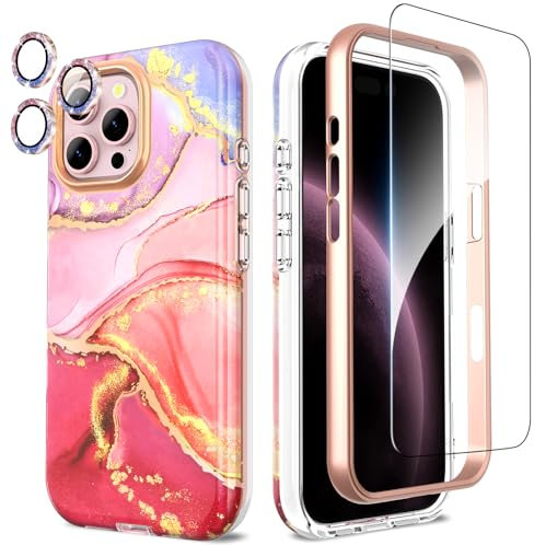 SHEDEER for iPhone 16 Pro Max Case with Screen Protector + Bumper & Camera Protector, TPU Shockproof 360° Protection, 16 Pro Max Cases Glossy Fade-Resistant Pattern Phone Case 16 Pro Max, Pink