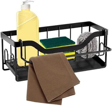 Eidoct Kitchen Sink Caddy Organiser, Black Sink Organiser, Metal Sink Tidy Sponge Holder, Sponge Drainage Rack, Steel Sink Storage Rack, with Draining Tray Dishcloth Hanger, for Kitchen and Bathroom