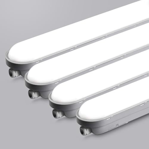 TONFFI 4 Stück Feuchtraumleuchte LED 120CM, 36W 4500LM Feuchtraumlampe, 6000K Kaltweiß LED Röhrenlampe Komplett, Verknüpfbar IP65 Wannenleuchte Werkstattlampe LED Keller Deckenleuchte für Garage