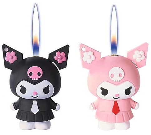 2 Stück süße schwarze und rosa coole Jetflamme-Feuerzeuge, Metall-Feuerzeug, nachfüllbar, verstellbare Flamme, Kerzen, Camping, winddichte Butan-Feuerzeuge (kein Kraftstoff)