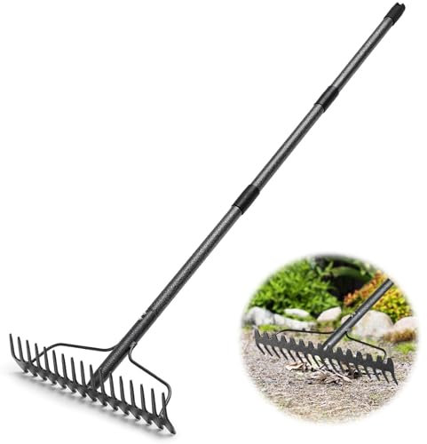 Starbover Bow Rake with 17 tines, Garden Rakes Metal Heavy Duty 152cm, Large Area Leaf Rake with Wide Head for Soil, Leaves & Gravel, Grey