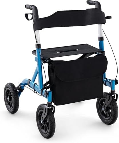 FANTASK 2 in 1 Rollator mit Luftbereifung mit Sitz bis 160 kg, Aluminium faltbar und leicht mit Tasche & Stockhalter, Gehhilfe 6-fach höhenverstellbar, Rollstuhl & Reiserollator(Blau)