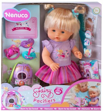 Nenuco Feen-Schnuller, Baby Puppe mit blonden Haaren von 35 cm und hartem Körper, Hilft beim Wechseln der Phase, Schnuller den Feen übergibt, Inklusive 3 Schnullern und Zubehör, Famosa (NFNB4000)