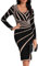 OUSIMEN Women Dress Long Sleeve V-Neck Midi Maxi Casual Bodycon Ladies Side Slit Striped Sweater Dress Black