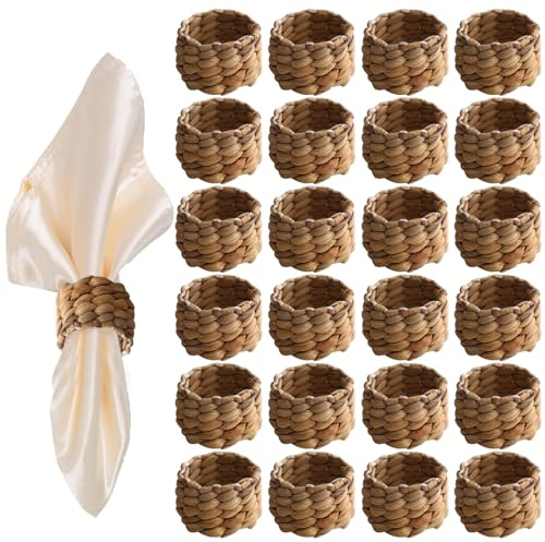 24pcs Anneaux de serviette en rotin, porte-serviettes tissés à l'eau à eau pour les mariages, Thanksgiving, décorations de table