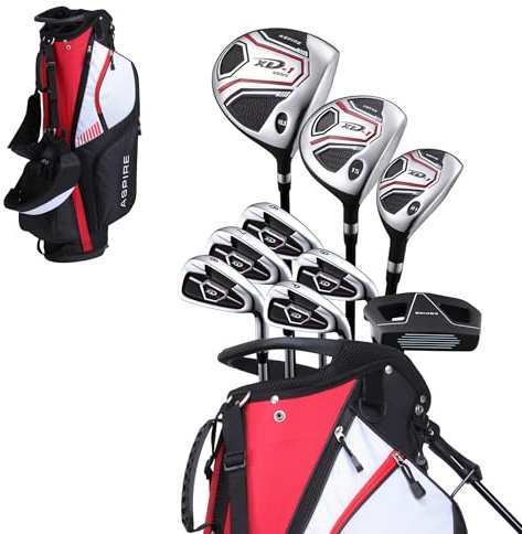 Aspire XD1 - Juego completo de palos de golf para hombre, incluye driver de titanio, SS Fairway, SS híbrido, hierros SS 6-PW, putter, bolsa, 3 H/C, palos de golf para diestros y zurdos (tamaño regular