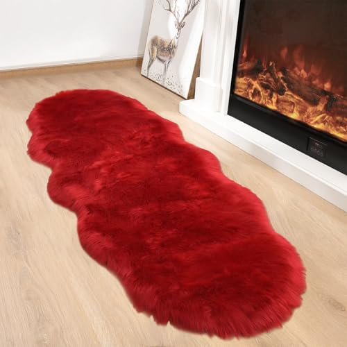 AIMECO kunstfell Teppich Faux Lammfell Schaffell Teppich Flauschiger Haarig Wohnzimmer Deko Weicher Fell Carpet für Stühle Sofa Schlafzimmer Kinderzimmer. Rot 60 x 140 cm