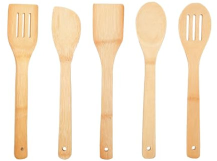 5PCS Wooden Kitchen Utensils for Non-Stick Cookware Tool Set Complete Set of Accessories Bamboo 30CM Spoon Spatula Turner Non-Toxic Deformable Durable Ergonomic Design