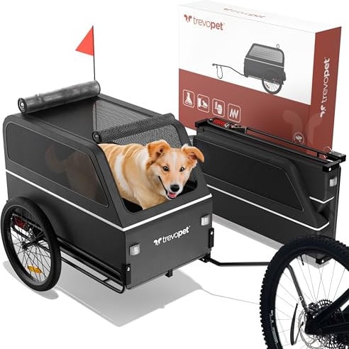 Trevopet® Hundeanhänger für Fahrrad XL – Faltbarer Hundefahrradanhänger mit Rampe, Federung & Kupplung – Fahrradanhänger Hunde bis 45 kg – Wasserdicht – Kompatibel mit E-Bikes – Shwarz