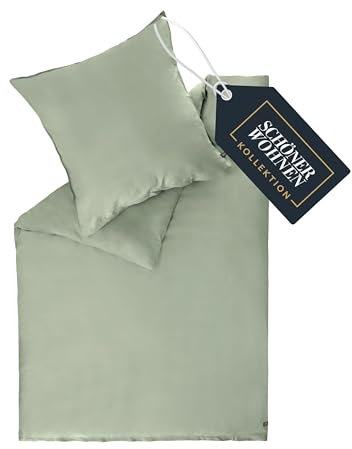 SCHÖNER WOHNEN Satin Bettwäsche 135x200 Baumwolle Grün - Luxus Bettwäsche-Set 2teilig - weich & atmungsaktiv - bestehend aus 1 Bettwäschebezug und 1 Kopfkissenbezug 80x80cm - Öko-Tex Zertifiziert