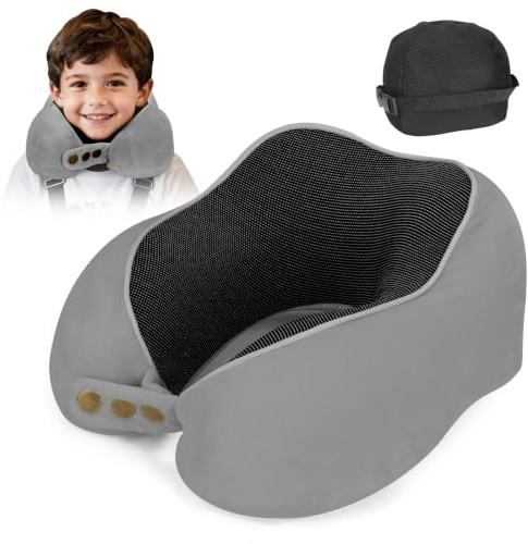 Glowturn Nackenkissen Flugzeug Memory Foam – 360° Ergonomische Unterstützung, 220g Nackenkissen, Verstellbar & Faltbar für Flugzeug, Zug & Auto, Dunkelgrau