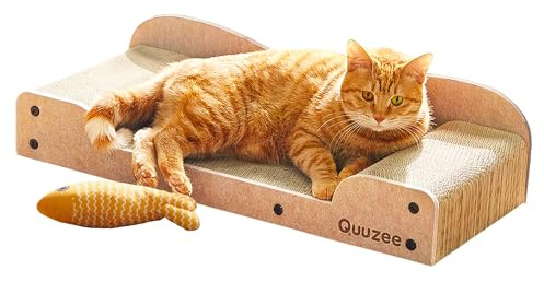 Quuzee Kratzbrett für Katzen, 66cm groß Kratzpappe Sofa mit Liegefläche, Recycelbare Wellpappe & Langlebiger Filz,Beige