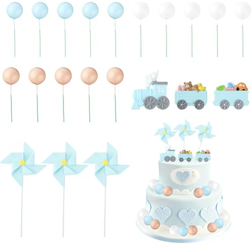 Train Cake Topper - Blue Train Cake Decorations, Train-Themed Cake Topper Set, Supplies Cake Decoration, For Steam Trains Theme Birthday Decoration Supplies With Windmill Small Ball