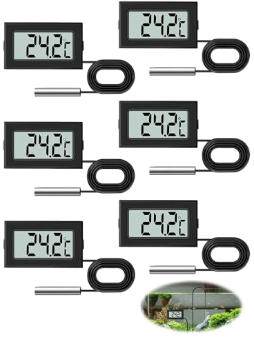 6 PCS Mini Digital LCD WaterThermometer Temperatures with 1M External Probe | Multifunctional Water Temperature Monitor for Fridge Freezer Refrigerator Aquarium Vivarium Home Room Checking Display Poultr