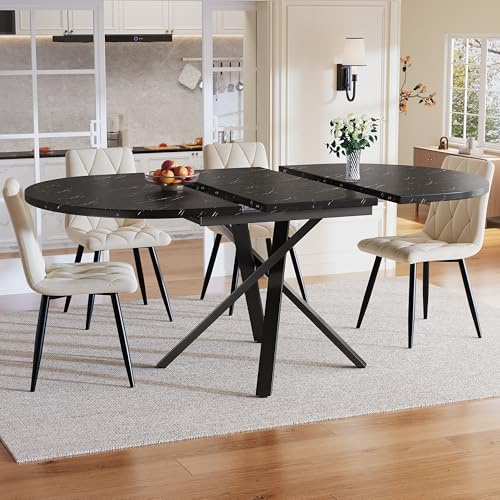 DUlVBPE 5-teilige Esstisch-Garnitur mit rundem Ausziehtisch (100-140 cm) und 4 Velours-Stühlen in Beige - Moderner Esstisch für 4-6 Personen mit praktischer Ausziehfunktion.