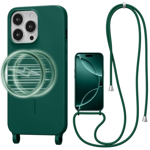 UCASONG Magnetic Case for iPhone 13 Pro Max with Lanyard, Dark Green | Compatible with MagSafe, Crossbody Liquid Silicone Case, Soft Shockproof Protective Cover, with Adjustable Neck Cord Strap