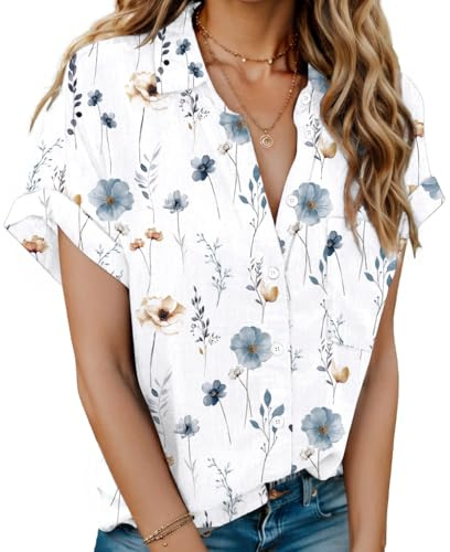 HOTOUCH Womens Blouses Short Sleeve Blouse V Neck Button Down Shirts Ladies Business Shirt Cotton Work Office Tops S-3XL