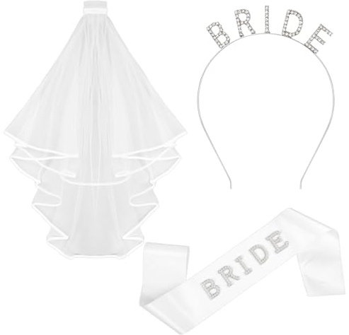 Josojoou 3 Stück Braut Haarreif Und Schleier Set Strass-Perlen-Brautschärpe Und -Haarreif Jga Schärpe Weißer Brautschleier Frau Accessoires Für Hochzeit Junggesellinnenabschied Party Gastgeschenk