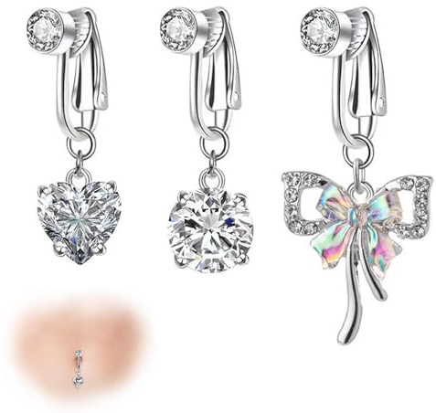 QZKJQDD 3 Stück Fake Bauchnabelpiercing, Belly Button Piercing, Chirurgenstahl Bauchnabelpiercing Fake Clip, Piercing Herz Schmetterling, Diamant Piercing Schmuck für Damen Frauen