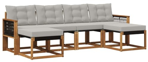 vidaXL Outdoor-Sofagarnitur mit Kissen 6 pcs Natürlich und Hellgrau, Garten Ecksofa, modernes Möbel für draußen, langlebige Liege, Coole Sitzgelegenheit auf der Terrasse