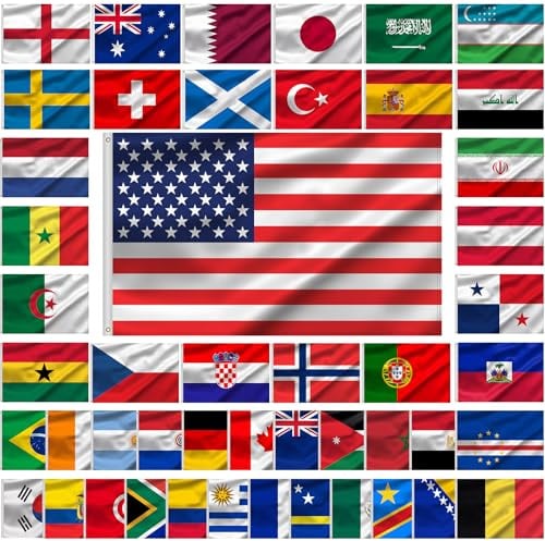 Tatuo Bandiere 48 Nazioni Mondiali 2026 con Occhielli, 90 x 60 Cm, Calcio – Ideale per Europei, Eventi Internazionali, Conferenze, Aule, Casa, Bar, Feste