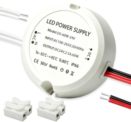 Acmerota LED Trafo 24V 60W 2.5A IP66 Mini Rund LED Netzteil Trafo 230V auf 24V AC zu DC Schalt Niedervolttrafo kein Flimmern Kein Rauschen Konstantspannung für DIY-LED-Streifen und Glühbirnen