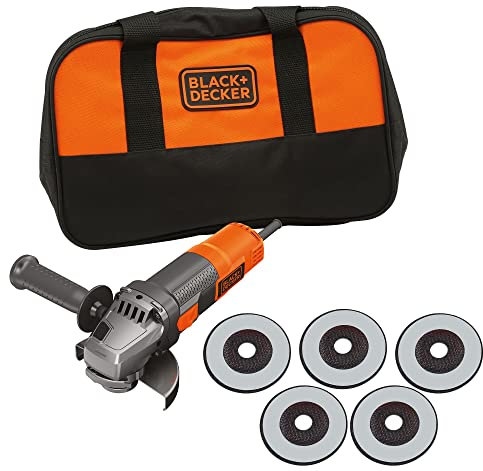 Black+Decker BEG220SA5-FR - Amoladora angular con cable, 900 W-12 000 TRS/Min, incluye bolsa de almacenamiento con 5 discos de corte