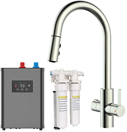 SIA BWT4NI 4-in-1 Instant Boiling Water Tap, True Boiling, Filtered Cold, Mains Hot & Cold, Pull Out Spray, Kitchen Sink Mixer Tap with Boiler Tank & Filter, Brushed Nickel