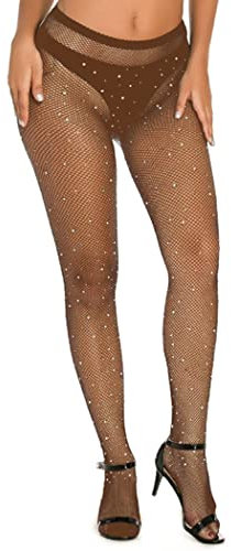 Bohend Strass A rete Collant calze autoreggenti Sparkle M/L Calze a rete Elastico A vita alta Discoteca Collant Festa Calza per Donne e ragazze(Marrone)