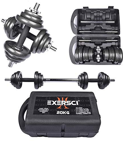 Exersci Cast Iron Adjustable Dumbbell/Barbell Box Set 20 KG - Bicep Curl, Tricep Extension, Bench Press, Upright Row- Fitness Workout Home Gym