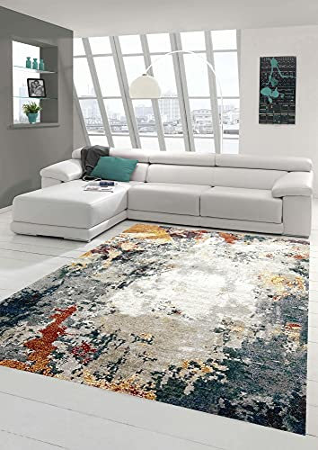 Moderner Teppich abstraktes Design Flur Wohnzimmer grau blau rot - pflegeleicht Größe 140x200 cm