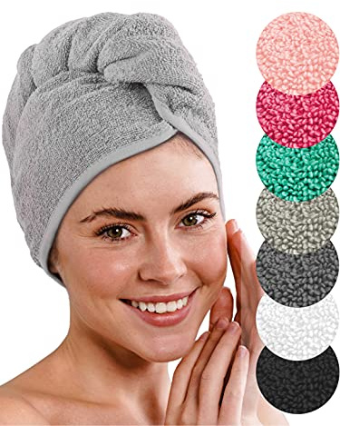 LAYNENBURG Premium Haarturban mit Knopf aus 100% Baumwolle - Haar-Handtuch inkl. 4 Haargummis - für Kurze und Lange Haare – Turban Handtuch ist schnelltrocknend und saugstark (grau)
