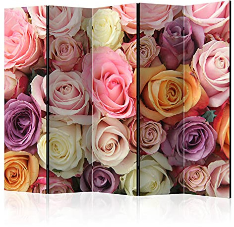 murando - Paravent Raumteiler Innen Blumen 225x172 cm 5-teilig Einseitig Raumtrenner Trennwand Holz Room Divider Mobiler Sichtschutz Spanische Wand Raum Abtrennung Natur Rosen rosa bunt b-C-0429-z-c