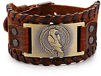 TEAMER Wikinger Odins Rabe Lederarmband für Männer Schwarz Braun Wickelgürtel Krähenarmbänder Nordischer Keltischer Pagan Amulett Schmuck (Stil 1 Antikes Bronze)