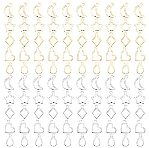 PandaHall Kleine Hohle Rahmen-Anhänger, 100pcs 10 Styles Edelstahl Harz Formen Offene Lünette Anhänger für Halskette Armband Ohrring DIY Handwerk Schmuck Machen