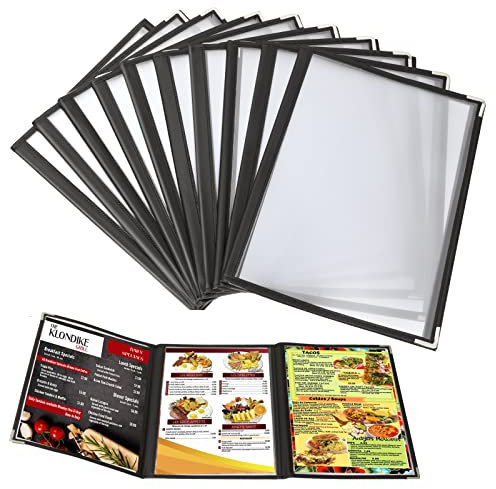 SENENQU Lot de 10 Protege Menu A4 Transparent, Porte Menu 3 Page Double Face, Pochette Menu Noir Menu des Plis avec Coins de Protection Inox - Protege Carte