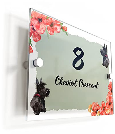 Finger prints - Floral Poppy Scottie Dog Traditional Acrylic House Sign/Plaque Door Number 1-999 Personalised Street Name Plate