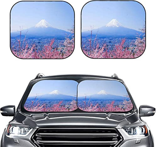 Auto Zubehör Sonnenschutz 2-teilig 74x60cm mit Aufbewahrungstasche Auto Scheibenabdeckung Sommer Sonnenschutz Auto Frontscheibe Faltbar Rosa Motiv Kirschblüten Mount Fuji-Tempel Auto Sonnenschutz
