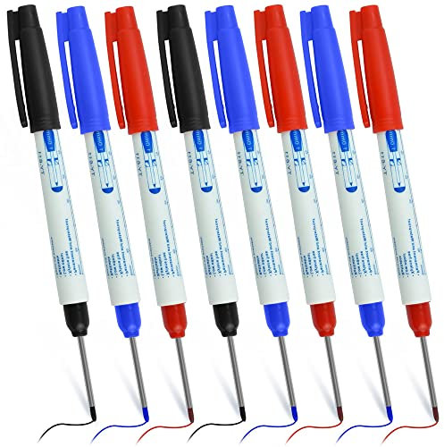 SNAGAROG 8 Pcs Deep Hole Marker Pens 30mm Extra Long Nib Markers Permanent Carpenter's Markers Long Head Deep Hole Marker Marking Tool for Marking Hard To Reach Places(Black Blue Red)