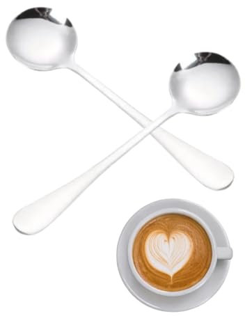 Cucharas de sopa de cabeza redonda, 2 piezas Cuchara coreana de metal Cuchara de sopa de acero inoxidable Cuchara de mesa Cucharas anchas para sopa Postre Café(Plata)