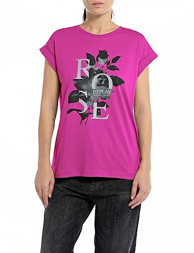 Replay Damen T-Shirt Kurzarm aus Baumwolle Rose Label, Fairy Violet 106 (Rosa), S