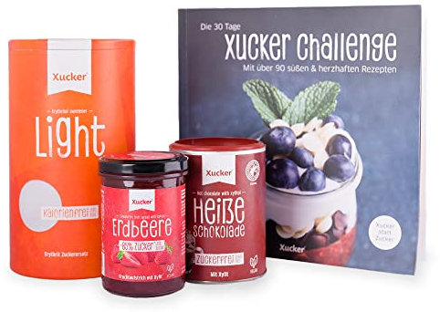 Xucker Set S I Xucker Light kalorienfreies Erythrit + Fruchtaufstrich Erdbeere + Heiße Schokolade Getränkepulver + Rezeptbuch I vegan und ohne Zuckerzusatz