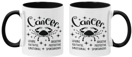 Tazza in ceramica con segni zodiacali del cancro – bicolore nero all'interno e manico 311,8 g con disegno astrologico – regalo perfetto per gli amanti dell'oroscopo e dei compleanni