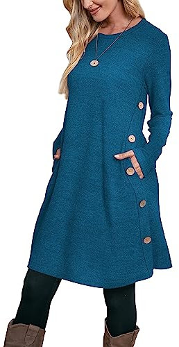 Aokosor Long Sleeve Dress for Women Jumper Dress Ladies Button Tunic Dress with Pockets Pine Blue Size 14-16