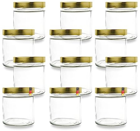 flaschenbauer - 12er Set Konservengläser 410ml Einmachgläser mit 82mm TO Deep-Mündung & Goldenen Deckeln Ideal zum Einkochen, Konservieren & Lagern von Marmelade, Obst, Gemüse und Gewürzen